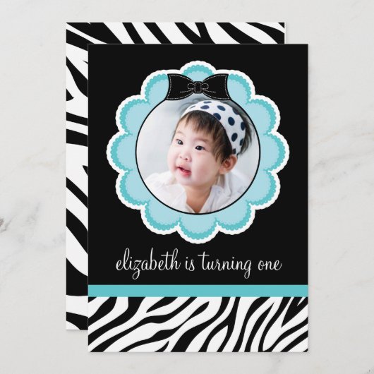 かわいらしい黒およびティール(緑がかった色)の誕生日のパーティの招待状 招待状 (正面/裏面)