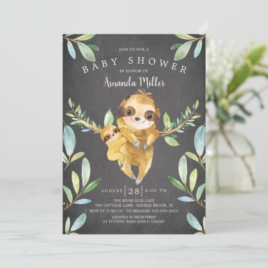 かわいらしい黒板ナマケモノの赤ちゃんシャワー 招待状 (スタンド正面)