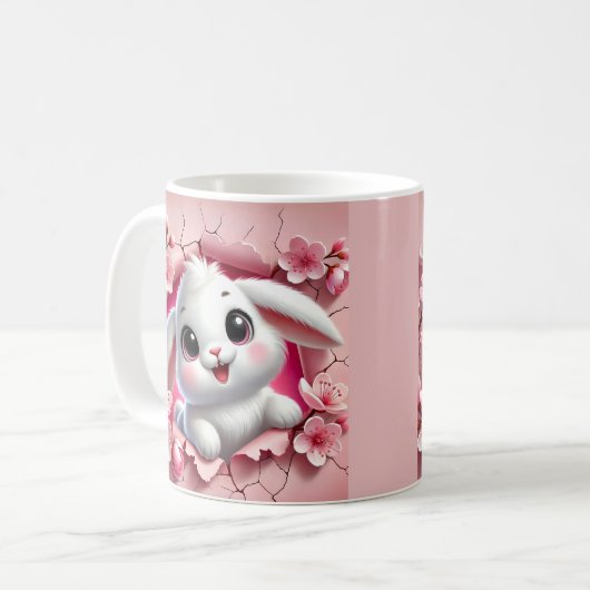 かわいらしい3Dウサギが覗き込むフローラ コーヒーマグカップ (正面左)