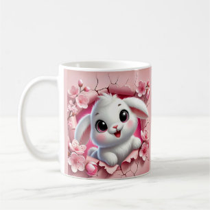 かわいらしい3Dウサギが覗き込むフローラ コーヒーマグカップ
