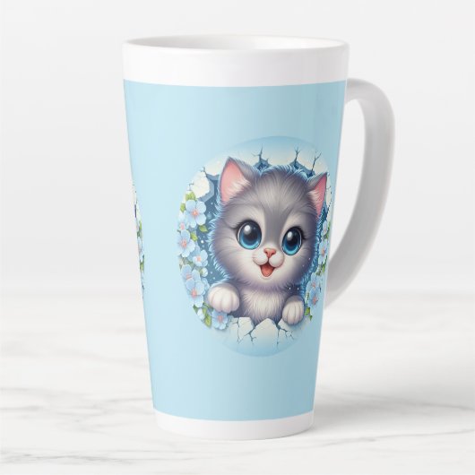 かわいらしい3Dキャットピーキングスルーフローラウォールデザイン カフェラテマグ (右アングル)