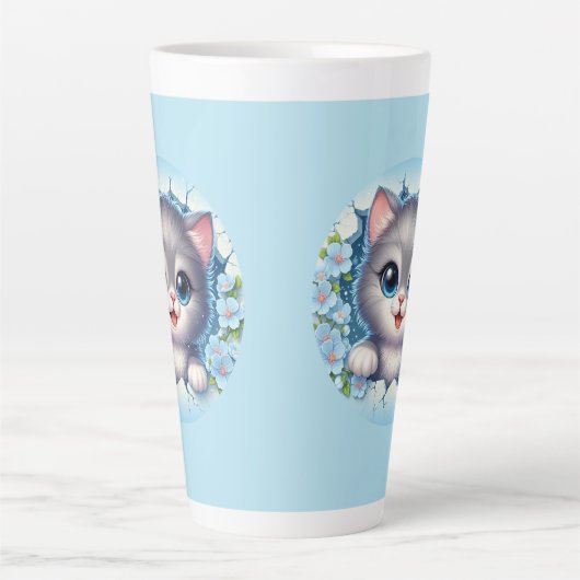 かわいらしい3Dキャットピーキングスルーフローラウォールデザイン カフェラテマグ (正面)