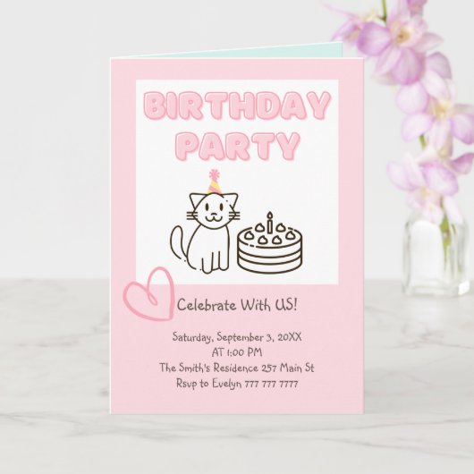 かわいらしいCat&Cake誕生日招待状 カード (蘭)