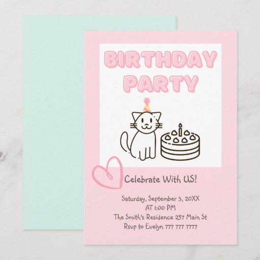 かわいらしいCat&Cake誕生日招待状 招待状 (正面/裏面)