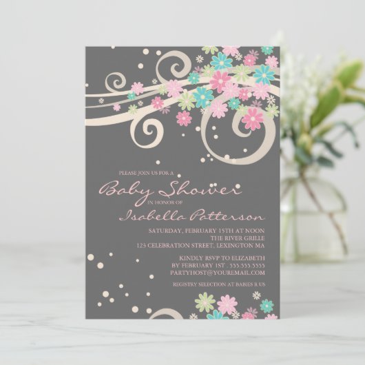かわいらしいPosyの花の渦巻のベビーシャワーの招待状 招待状 (スタンド正面)