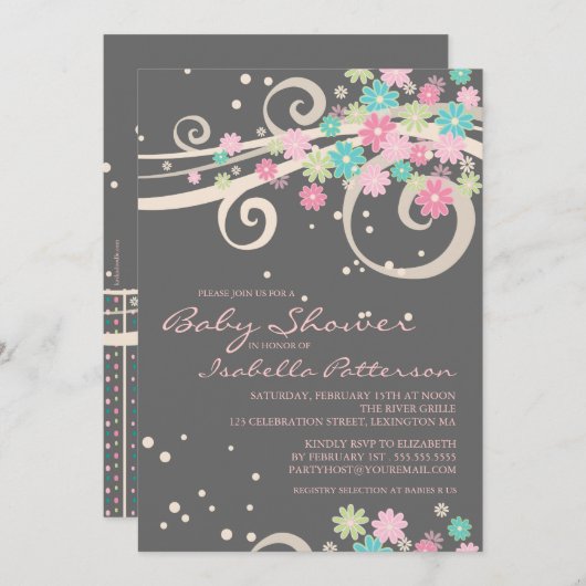 かわいらしいPosyの花の渦巻のベビーシャワーの招待状 招待状 (正面/裏面)