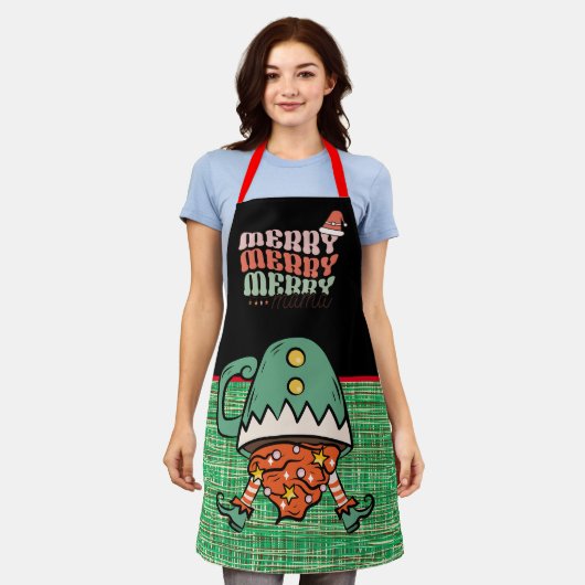 かわいらしおもしろい小妖精や小人ブラックと緑のバーラップ エプロン (着用した状態)