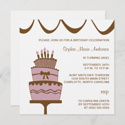 かわいらしお誕生日ケーキパーティの招待状 招待状 (正面/裏面)