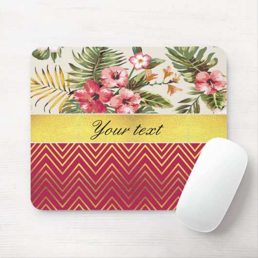 かわいらしくパーソナライズなハイビスカスおよびシェブロン マウスパッド (マウス)