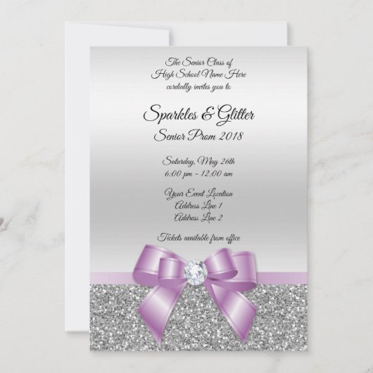 かわいらしく上品な薄紫の弓及び銀のグリッターのプロム 招待状 (正面)