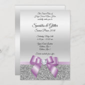 かわいらしく上品な薄紫の弓及び銀のグリッターのプロム 招待状 (正面/裏面)