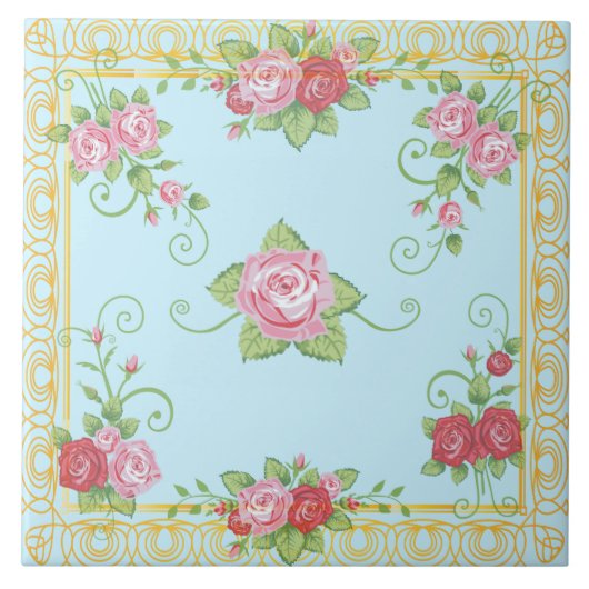 かわいらしく古いバラの青い金ゴールドのヴィンテージのタイルパターン タイル (正面)