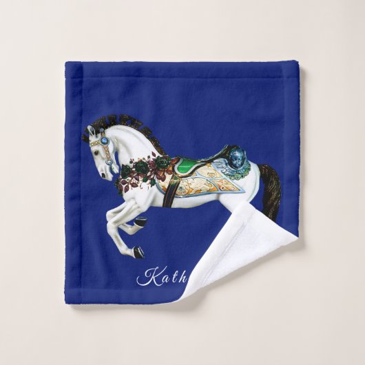 かわいらしく白い回転木馬の馬 バスタオルセット (ウォッシュタオル)