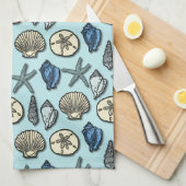 かわいらしく青い貝のヒトデの海パターン キッチンタオル (四つ折り)