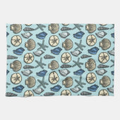 かわいらしく青い貝のヒトデの海パターン キッチンタオル (横)