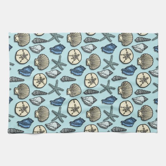 かわいらしく青い貝のヒトデの海パターン キッチンタオル (横)