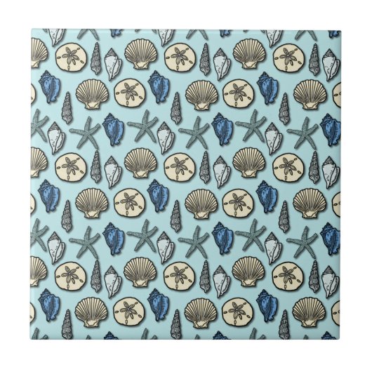 かわいらしく青い貝のヒトデの海パターン タイル (正面)