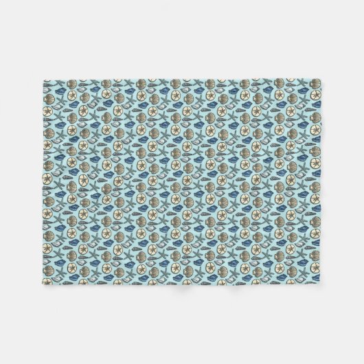 かわいらしく青い貝のヒトデの海パターン フリースブランケット (正面(横))