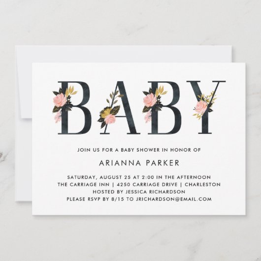 かわいらしく黒い花の文字|のベビーシャワー 招待状 (正面)