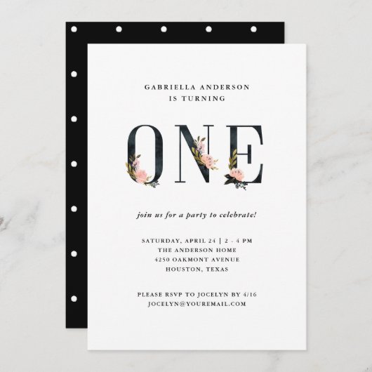 かわいらしく黒い花の文字|の最初誕生会 招待状 (正面/裏面)