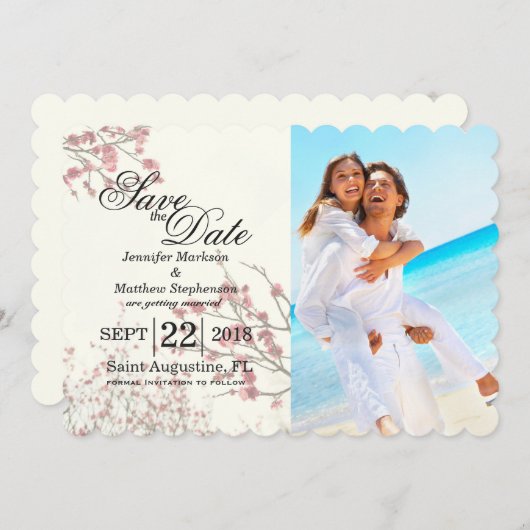 かわいらしさくらんぼの花が白エレガントい セーブザデート (正面/裏面)