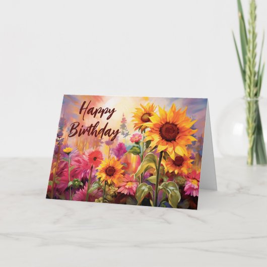 かわいらしひまわりカラフル花誕生日 カード (正面)