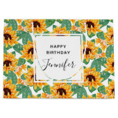 かわいらしひまわり黄色と緑のパターン誕生日 ラージペーパーバッグ (正面)
