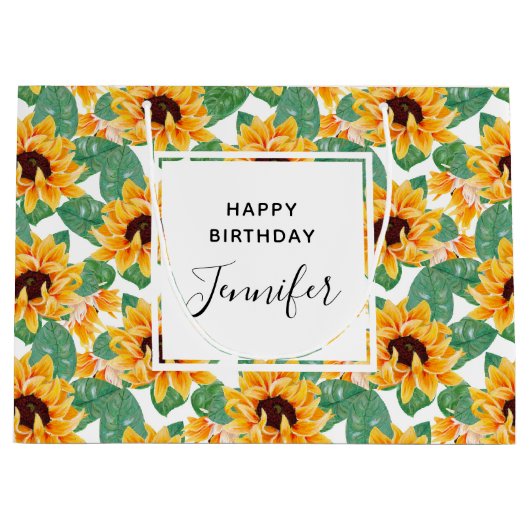 かわいらしひまわり黄色と緑のパターン誕生日 ラージペーパーバッグ (正面)