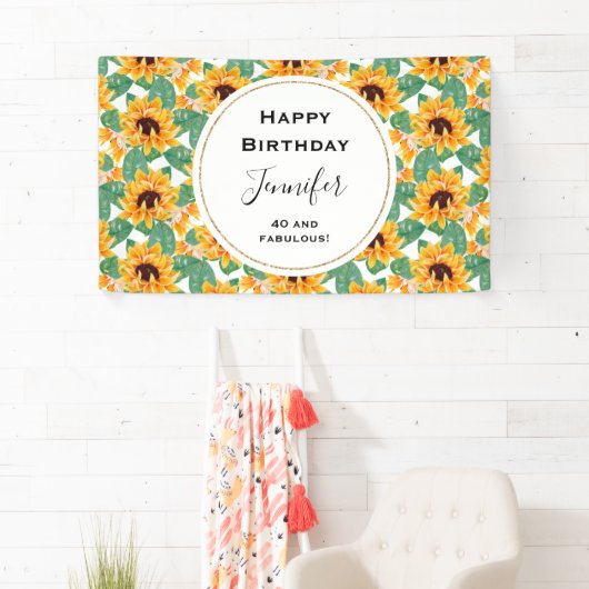かわいらしひまわり黄色と緑のパターン誕生日 横断幕 (インサイチュ)