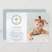 かわいらしほこりっぽい青い水の色フローラ写真バプテスマ 招待状 (正面/裏面)