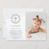 かわいらしほこりっぽい青い水の色フローラ写真バプテスマ 招待状 (正面)