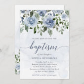 かわいらしほこりっぽい青い水色の花 | バプテスマ 招待状 (正面/裏面)