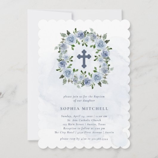 かわいらしほこりっぽい青い水色の花 | バプテスマ 招待状 (正面)