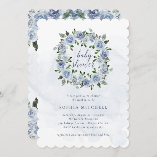 かわいらしほこりっぽい青い水色の花 | 赤ちゃんシャワー 招待状 (正面/裏面)