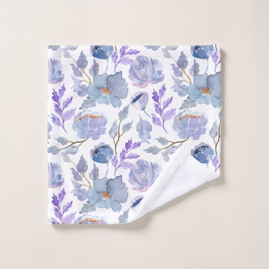 かわいらしほこりっぽい青薄紫水彩フラワーパターン バスタオルセット (ウォッシュタオル)