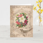 かわいらしアンティークの花と鳥 カード (黄色い花)