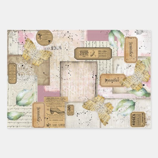 かわいらしアンティークコラージュの名前とシークレットメッセージの追加3 ラッピングペーパーシート (正面3)