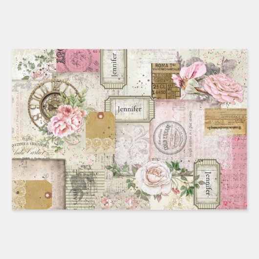 かわいらしアンティークコラージュの名前とシークレットメッセージの追加3 ラッピングペーパーシート (正面)