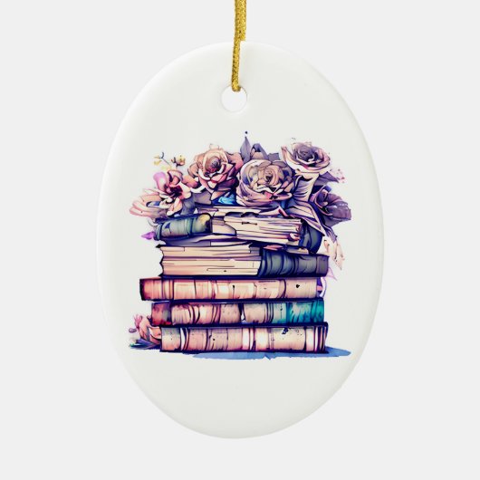 かわいらしアンティーク山積みの帳簿とヴィンテージバラ セラミックオーナメント (正面)
