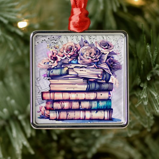 かわいらしアンティーク山積みの帳簿とヴィンテージバラ メタルオーナメント (ツリー)