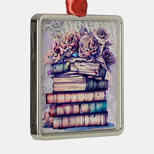 かわいらしアンティーク山積みの帳簿とヴィンテージバラ メタルオーナメント (右)