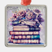 かわいらしアンティーク山積みの帳簿とヴィンテージバラ メタルオーナメント (正面)