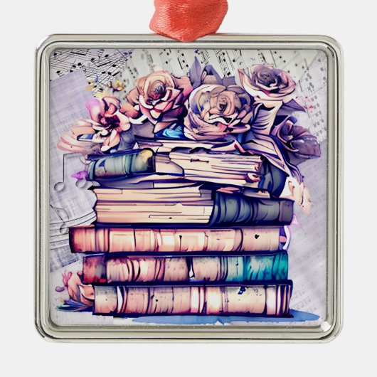 かわいらしアンティーク山積みの帳簿とヴィンテージバラ メタルオーナメント (正面)