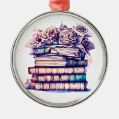 かわいらしアンティーク山積みの帳簿とヴィンテージバラ メタルオーナメント (正面)