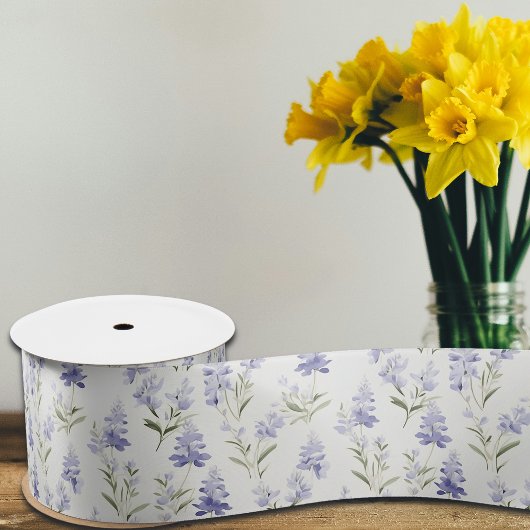 かわいらしエレガント薄紫フラワーブルー&ホワイトフローラ サテンリボン