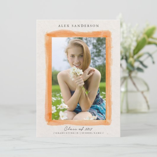 かわいらしオレンジ色の縁ど卒業写真 案内状 (スタンド正面)