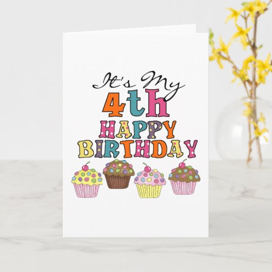 かわいらしカップケーキ4th誕生日Tシャツとギフト カード (黄色い花)