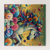 かわいらしカラフルお洒落花と白馬 ジグソーパズル (横)