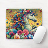かわいらしカラフルお洒落花と白馬 マウスパッド (マウス)