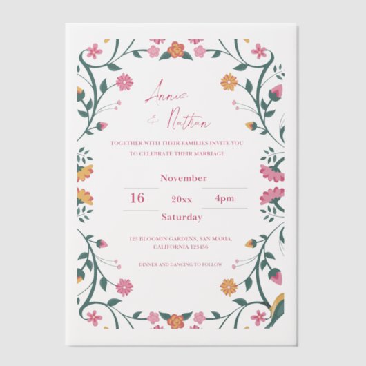 かわいらしカラフルフローラ・フレーム結婚スクリプト ベラム紙招待状 (正面)